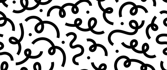 abstract doodle lines seamless pattern. black and white confetti and serpentine streamer repeating b