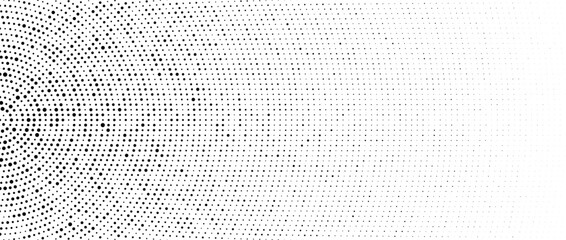 Halftone concentric dot lines background. Spotted and dotted half circles gradient. Radial fading comic texture. Black and white dashed gritty wallpaper. Grunge monochrome pop art backdrop. Vector