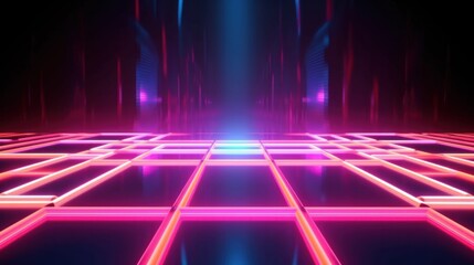 Poster - Abstract neon background with glowing lines, empty space with floor reflections, 3D illustration.