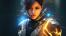 Beautiful Female Fighter In Armor With Neon Lights. 3d Illustration.