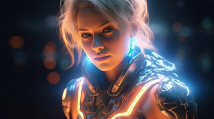 Wall Mural - Beautiful female fighter in armor with neon lights. Fantasy concept 3d illustration.