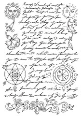 Wall Mural - Vector Page with magic spells, pentagram and drawings from witch book on white background.