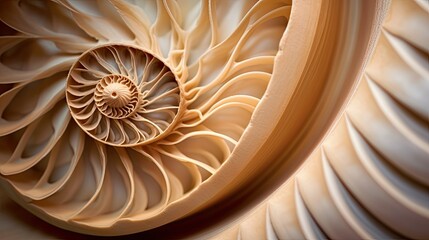 close-up of the mesmerizing pattern of a nautilus shell, detailed and realistic, generative ai