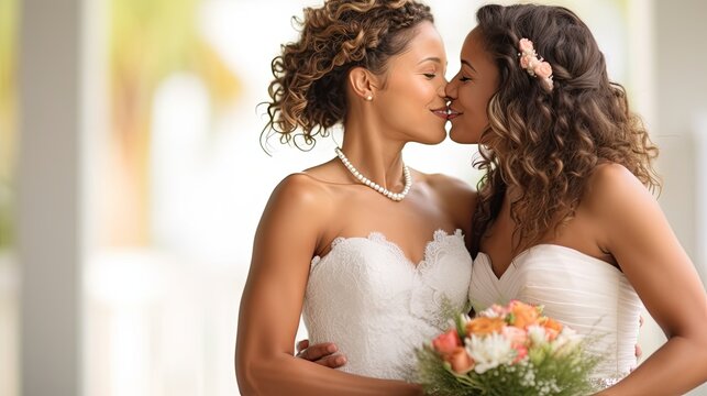 Smiling multiethnic lesbian couple posing the day of their wedding.