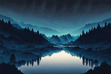 vector art of a illustration full tranquil night scene in nature, such as a serene lake surrounded b