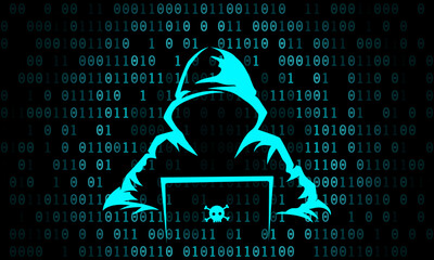A mysterious and dangerous hacker with binary code background. Vector Illustration.