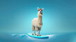 llama on the surfboard on blue background, Generative AI