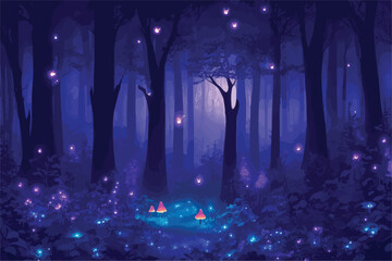 vector background illustration showcasing a magical nighttime forest. purples and blues. fireflies, 