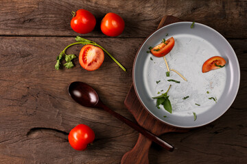 Sticker - The empty plate of fried spaghetti or fried noodles Tomato sauce and prawns, tomatoes, and basil on wooden table background, top view