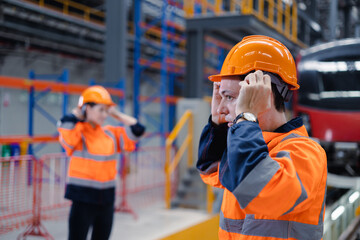 Wall Mural - Engineer team worker check safety helmet clothing for work electric train service depot transport industry factory technician mechanic staff.