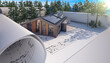 Konzept eines modernen Gebäudes mit Photovoltaik und einer Landschaft im Hintergrund - 3D Visualisierung