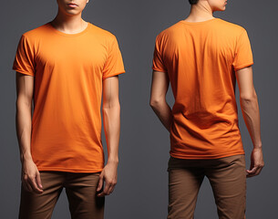 Photo realistic male orange t-shirts with copy space, front, and back view