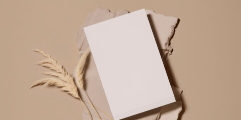 Wall Mural - Boho Minimalist Greeting Card: Paper Mockup for Wedding Invitations and Birthday Stationery. Top View Flat Lay with Copyspace. Generative AI.