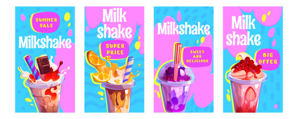 Vector glass milkshake ice drink cartoon stories illustration set. Chocolate milk shake with cream in cup for beverage menu in cafe. Cold smoothie, coffee or bubble tea dessert poster advertising