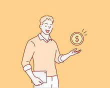 Young Man Holding A Gold Coin. Earning Money, Increasing Capital, The Pursuit Of Money, Capital Gains, Cash Gains Concept. Hand Drawn Style Vector Design Illustrations.