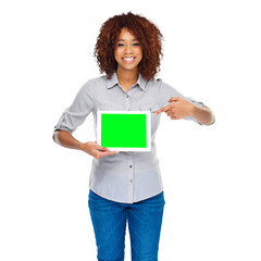Wall Mural - woman portrait, hand pointing and green screen on digital tablet against isolated, transparent or pn