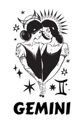 Wall Mural - Gemini zodiac sign mystical engraving, modern tattoo, astrology card, horoscope calendar. Two girls hugging, witches with mystic symbols of sun and moon, vector illustration isolated