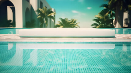 Canvas Print - Empty poolside surface with summer travel hotel swimming pool background. 