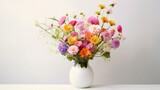 Fototapeta Kosmos - Colorful flowers blooming in vase on white background. Generative Ai