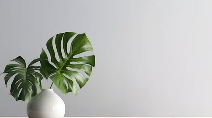 Poster - Monstera leaf in ceramic potted on white background for decorative artwork and home interior design for minimalist style. Generative Ai