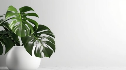 Poster - Monstera leaf in ceramic potted on white background for decorative artwork and home interior design for minimalist style. Generative Ai
