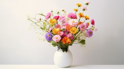 Colorful flowers blooming in vase on white background. Generative Ai