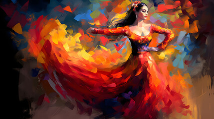 flamenco spanish dancers abstract art with vivid passionate colours, digital art,