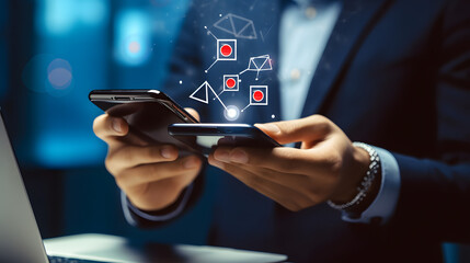 Hand of businessman using smartphone for email with notification alert, Online communication concept.