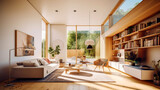 Fototapeta Przestrzenne - Modern living room with the sun shines through the window. Generative AI