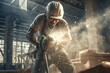A Laborer uses a jackhammer to break up a concrete at construction site. Generative Ai
