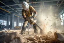 A Laborer Uses A Jackhammer To Break Up A Concrete At Construction Site. Generative Ai