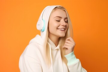 Canvas Print - happy positive young blonde woman wearing white hoodie isolated over colourful background wearing white wireless bluetooth headphones listening to music and dancing. generative AI