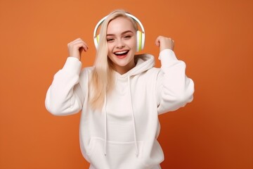 happy positive young blonde woman wearing white hoodie isolated over colourful background wearing white wireless bluetooth headphones listening to music and dancing. generative AI