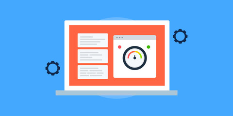 key performance indicator web application displaying data information on laptop screen, business KPI technology concept, vector illustration web banner.