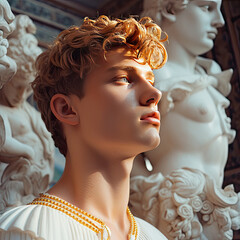 Wall Mural - a young man looking up at the sky with his eyes closed, wearing a pearl necklace and pearls around his neck