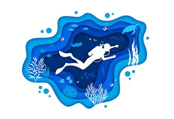 Diver on the ocean bottom. Sea paper cut underwater landscape with schools of fish, swaying coral reefs, and various marine creatures, providing breathtaking and immersive experience for diving