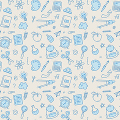 Back to School Seamless pattern, school supplies background. Vector illustration in doodle, simple line style