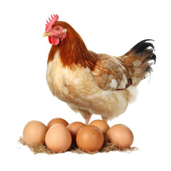 Illustration of hen with eggs on nest made of hay isolated on transparent background. PNG clip art. Generated with AI.