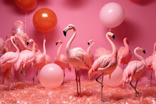 Flamingo In A Room Fullof Balloons And Decoration. Summer Party Concept. Ai Generative. Illustration