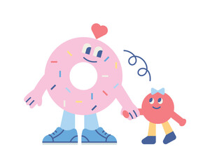 Canvas Print - Cute shape characters. A mother donut figure and a child prototype are holding hands and looking at each other.