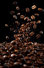 Wall Mural - coffee beans falling down into the air on a black background with space for your text or image - stock photo