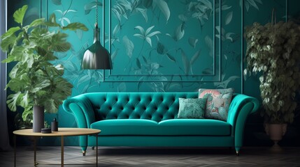 Wall Mural - Chair and turquoise sofa in green living room interior with leaves wallpaper and table Generative AI