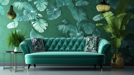 Wall Mural - Chair and turquoise sofa in green living room interior with leaves wallpaper and table Generative AI