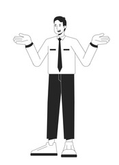 Wall Mural - Indifferent office man shrugging flat line black white vector character. Editable outline full body person on white. Puzzled reaction simple cartoon isolated spot illustration for web graphic design