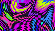 Distorted Twisted Checkered Background. Trippy Strip Psychedelic Pattern.