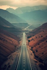 Vertical image of empty highway in the valley, generative AI