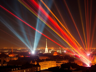 Wall Mural - Phantastic red and yellow colored lasershow in the sky, berlin