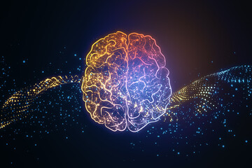 Digital human brain illustration on dark blue background, artificial intelligence and macine learning technology concept. 3D Rendering