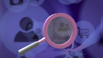 Sticker - Animation of magnifying glass spinning over digital icons on purple background