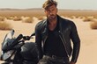 © jjbqdesignstudio - Stylish Man with Motorcycle in Desert - Macho Style, Generated AI